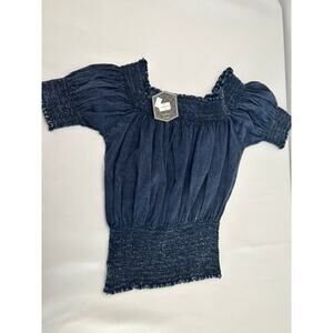 Womens Smocked Off Shoulder Top Blue Cotton Peasant Blouse Cottagecore S